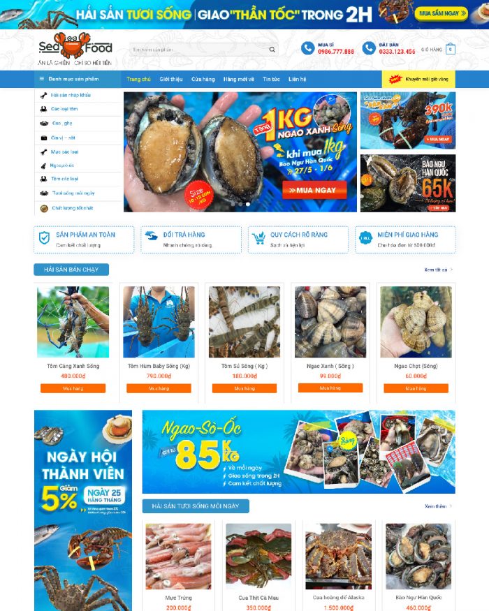 Giao diện webiste WordPres bán hải sản