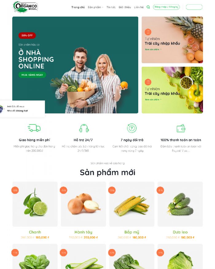 Giao diện webiste WordPress bán thực phẩm rau củ quả