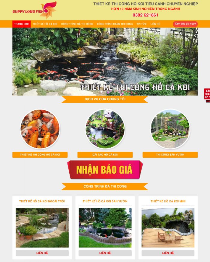 Giao diện website WordPress thi công hồ cái koi