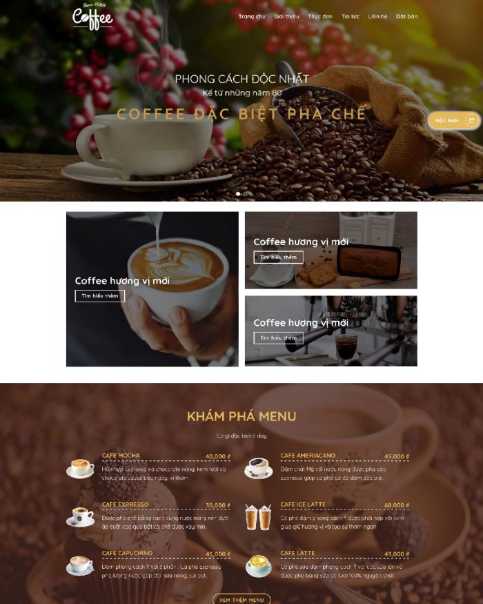 Giao diện webiste WordPres tiệm coffee